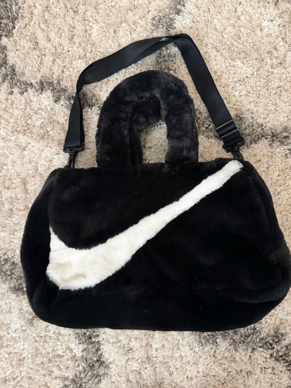 Nike Black Faux-Fur Shoulder Tote with White Swoosh